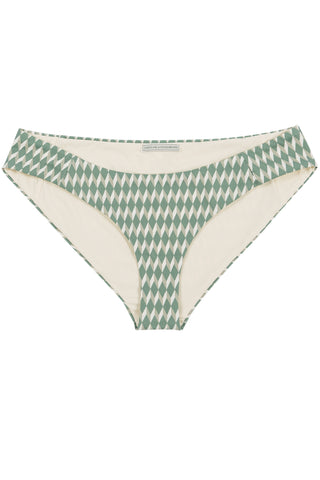 Bandeau bikini top and classic sage green bikini bottom in geometric tile print by Caroline af Rosenborg