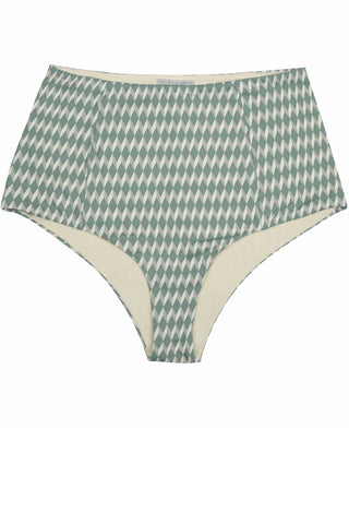 High waisted bikini bottoms in green cream geometric print, reversible with a retro look by Caroline af Rosenborg