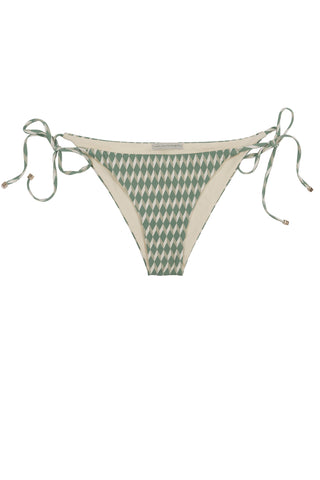Side tie front opening green bikini triangle shape in cream white geometric tile print by Caroline af Rosenborg