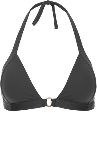 Front opening halter neck bikini top and side ring bikini bottoms in grey black charcoal by Caroline af Rosenborg