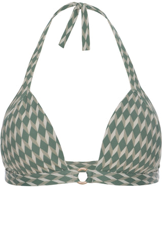 Front opening halter neck bikini top and ring bottom in sage green geometric print with cream white by Caroline af Rosenborg