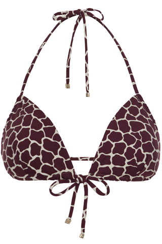 Front tie triangle top and side tie bottoms in burgundy red giraffe print by Caroline af Rosenborg