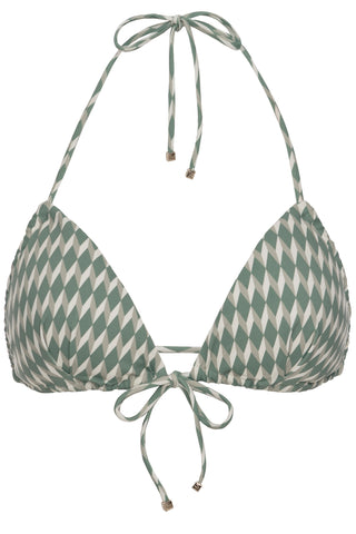 Front tie triangle bikini top and bottom in sage green cream ivory white diamond print with gold cube detail by Caroline af Rosenborg