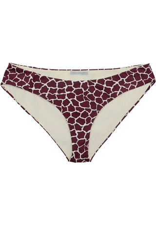 Bandeau top and covering bikini bottom in dark red burgundy giraffe animal print by Caroline af Rosenborg