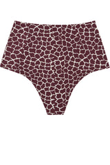 High waisted bikini bottoms in dark red burgundy giraffe animal print by Caroline af Rosenborg