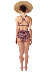 High waisted bikini bottoms in dark red burgundy giraffe it is reversible with animal print by Caroline af Rosenborg