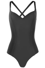 Sweetheart neckline swimsuit in grey black charcoal with deep cross back detail