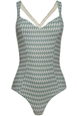Sweetheart neckline green swimsuit with cream white geometric diamond print with deep cross back