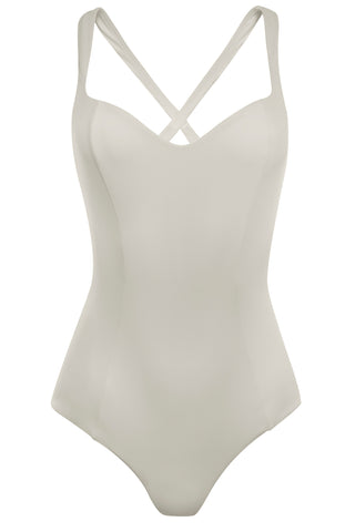 Sweetheart neckline swimsuit in cream white with deep cross back by Caroline af Rosenborg