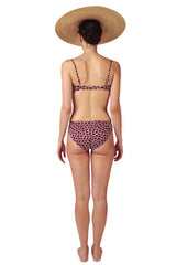 Bandeau bikini top and bottom in burgundy red giraffe print with boning by Caroline af Rosenborg